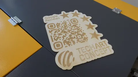 Custom laser engraved wooden Google Review sign featuring a scannable QR code and five-star rating layout.