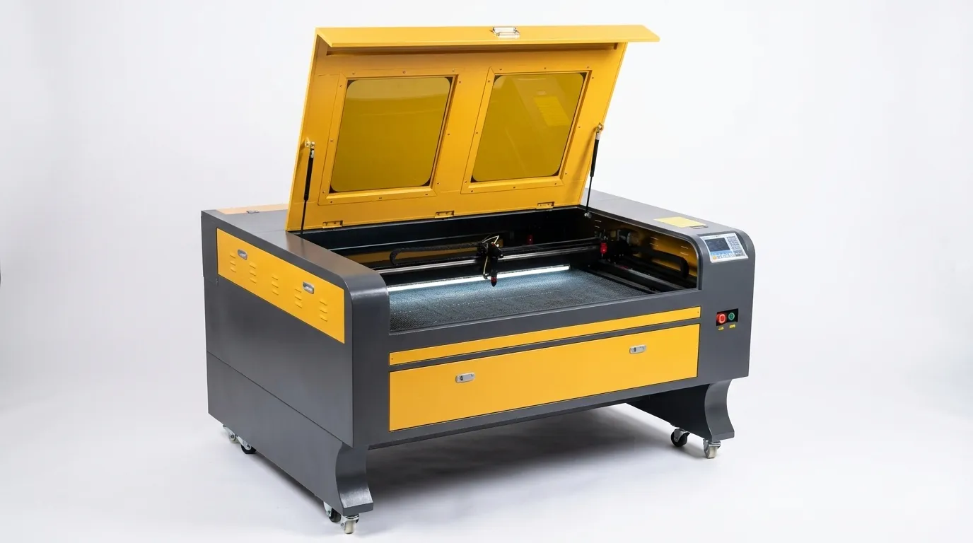 Industrial <b>120W CO2</b> laser cutting machine with a <b>1300x1000mm working area</b> at TechArt Concept Montreal, capable of high-speed precision cutting for large-scale wood and acrylic projects.